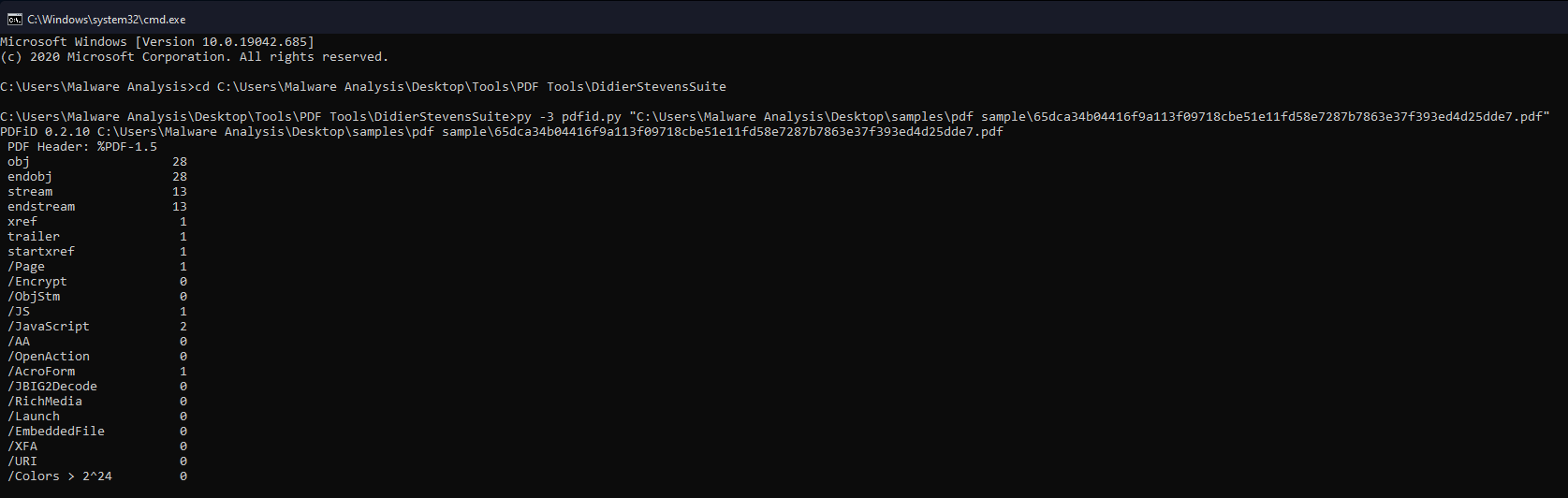 pdfid.py output showing JavaScript and AcroForm