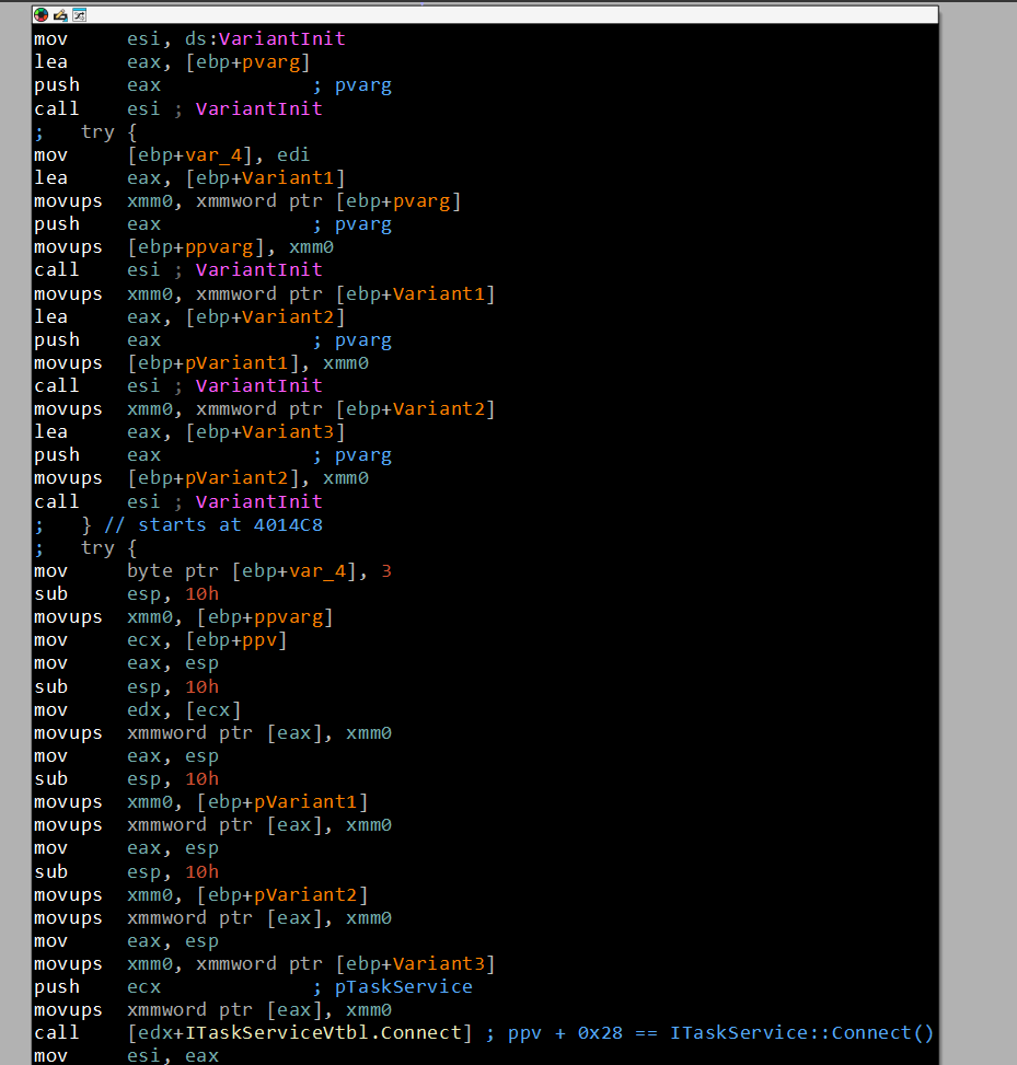 ITaskService::Connect call with empty VARIANTs