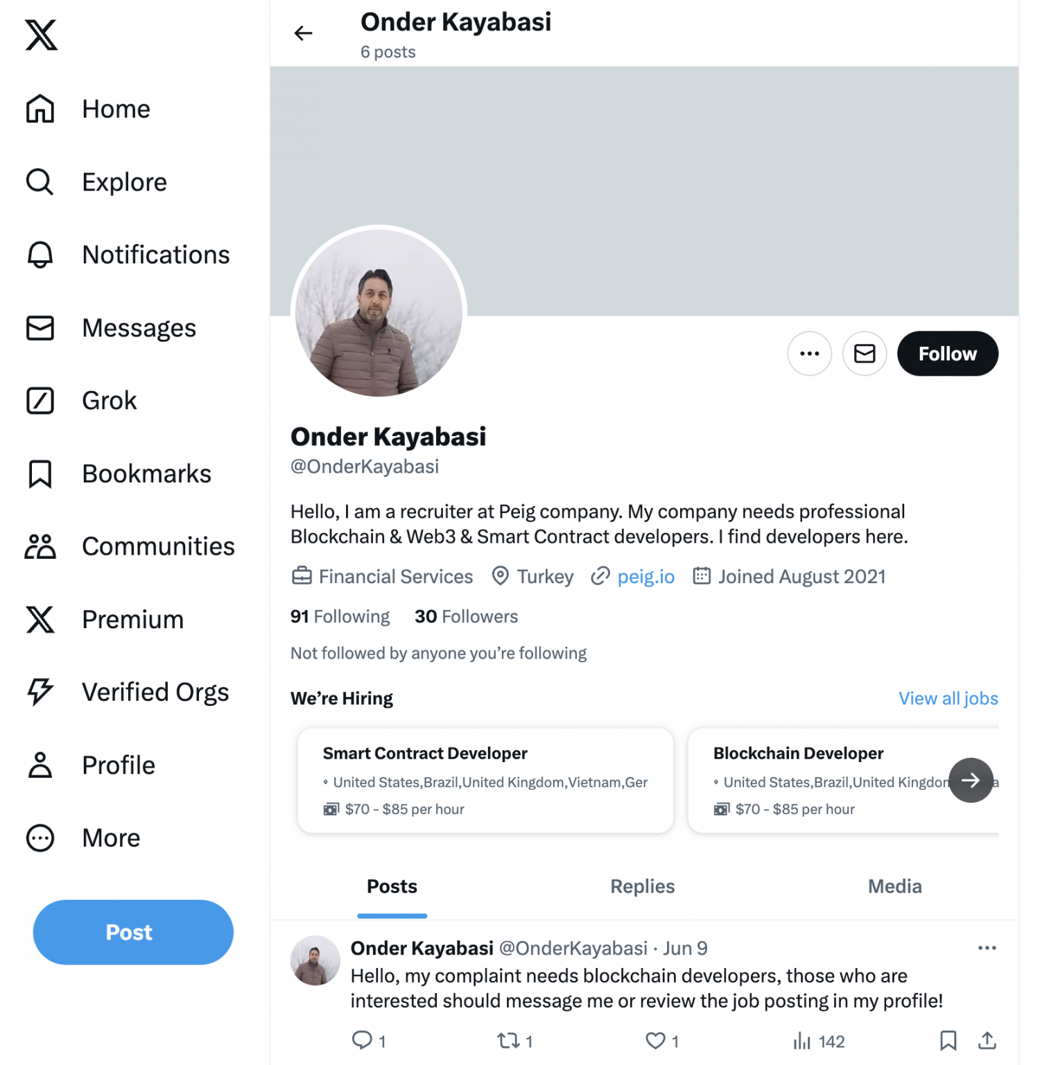 Fake recruiter profile on X used in the Contagious Interview campaign