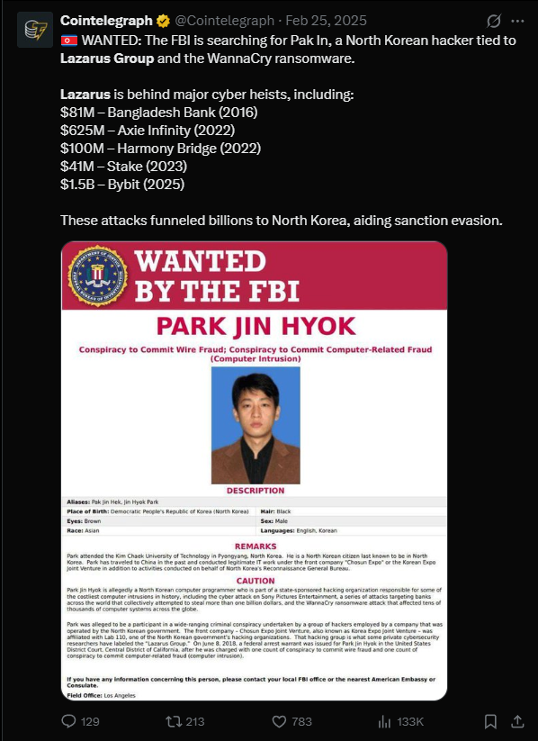 FBI WANTED poster for Park Jin Hyok