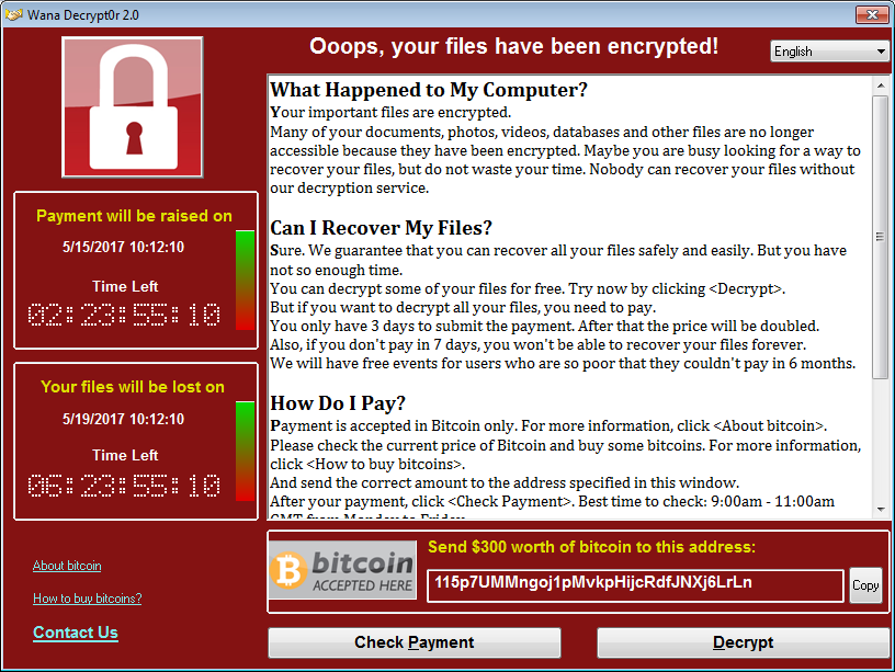 WannaCry Wana Decrypt0r 2.0 ransom note